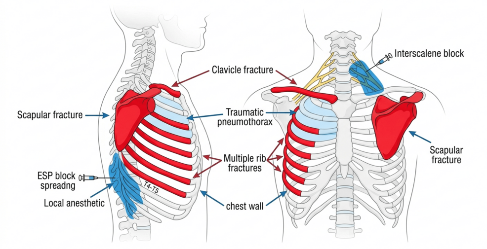 Schematic-illustration-demonstrating-the-anatomical-relationship-between-the-right-clavicular-fracture,-multiple-ipsilateral-rib-fractures,-scapular-fracture,-and-right-traumatic-pneumothorax-together-with-the-anatomical-targets-of-the-regional-anesthesia-techniques.-The-ultrasound-guided-ESP-block-was-used-to-provide-analgesia-for-the-rib-fractures-and-chest-wall-injury,-whereas-the-ultrasound-guided-interscalene-brachial-plexus-block-was-used-to-provide-perioperative-analgesia-for-clavicle-fixation