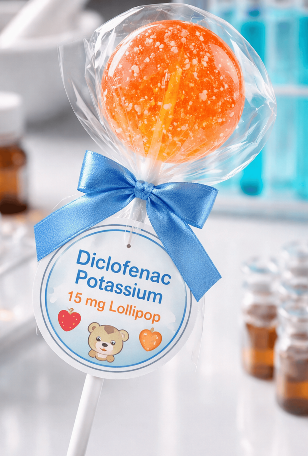 Representative-original-photograph-of-the-investigational-diclofenac-potassium-medicated-lollipop-(15-mg-strength)-under-controlled-laboratory-conditions,-illustrating-its-homogeneous-yellow-appearance-and-product-label.