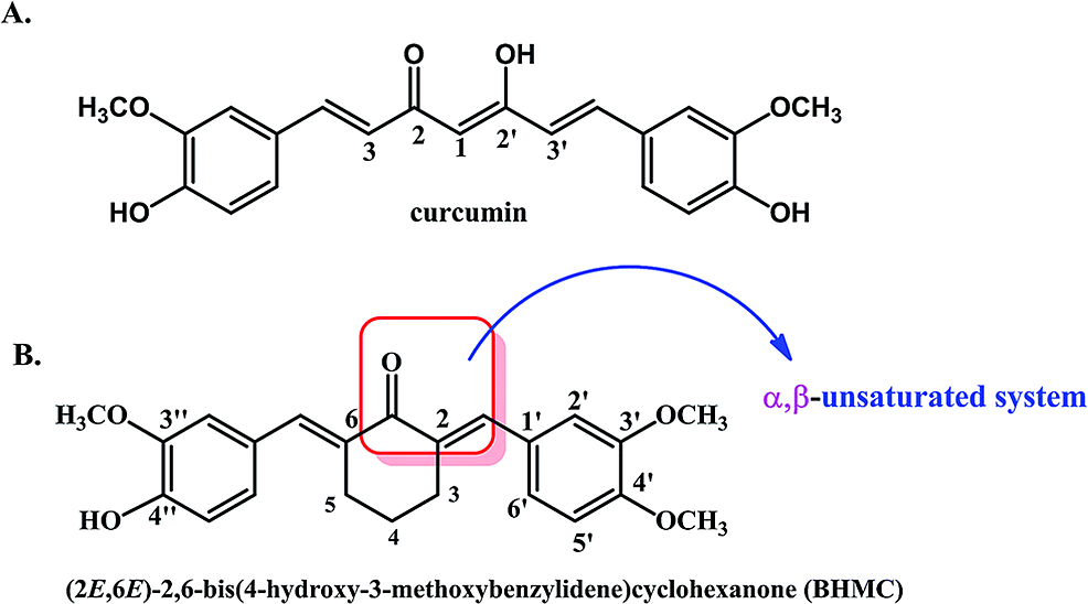 Chemical-structure-of-Curcumin-and-(2E,6E)-2,6-bis(4-hydroxy-3-methoxy-benzylidene)-cyclohexanone-(BHMC)