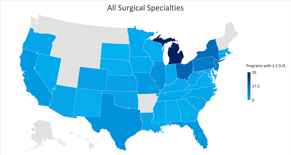 Geographic-heat-map-showing-the-relative-prevalence-of-all-surgical-residency-programs-in-each-state-indicating-osteopathic-physicians-currently-training-in-their-program.-The-map-was-created-in-Microsoft-Excel-(Redmond,-Washington).