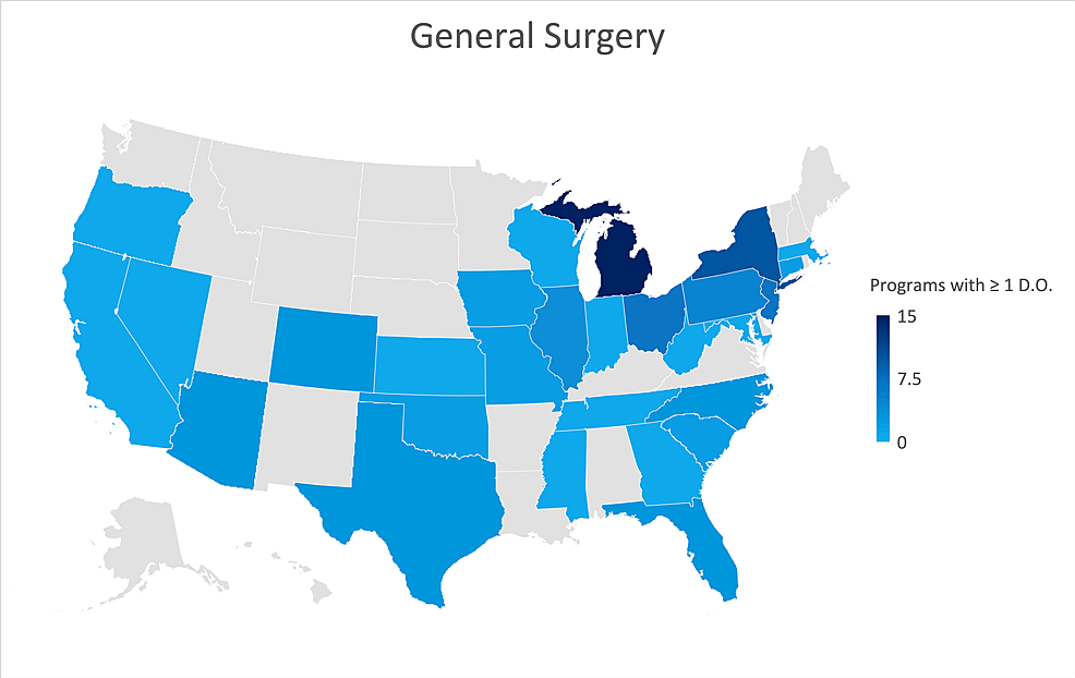 Geographic-heat-map-showing-the-relative-prevalence-of-general-surgery-residency-programs-in-each-state-indicating-osteopathic-physicians-currently-training-in-their-program.-The-map-was-created-in-Microsoft-Excel-(Redmond,-Washington).