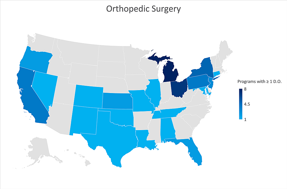 Geographic-heat-map-showing-the-relative-prevalence-of-orthopedic-surgery-residency-programs-in-each-state-indicating-osteopathic-physicians-currently-training-in-their-program.-The-map-was-created-in-Microsoft-Excel-(Redmond,-Washington).