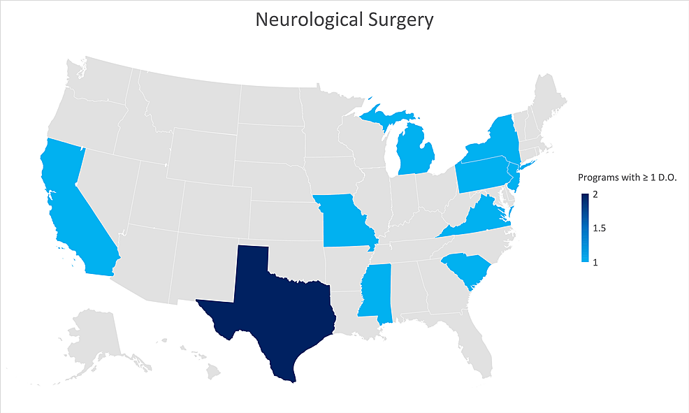 Geographic-heat-map-showing-the-relative-prevalence-of-neurological-surgery-residency-programs-in-each-state-indicating-osteopathic-physicians-currently-training-in-their-program.-The-map-was-created-in-Microsoft-Excel-(Redmond,-Washington).