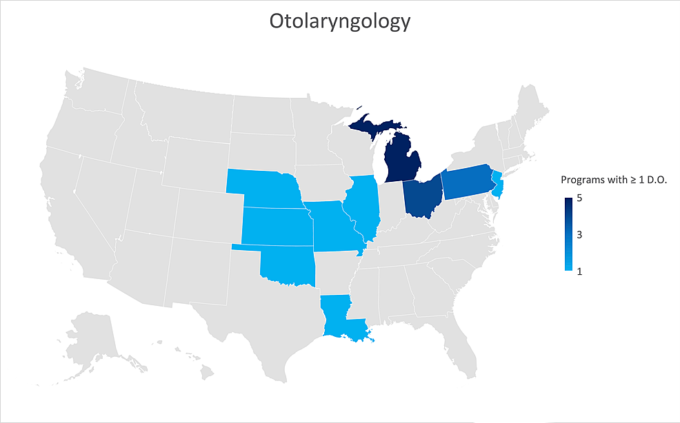 Geographic-heat-map-showing-the-relative-prevalence-of-otolaryngology-residency-programs-in-each-state-indicating-osteopathic-physicians-currently-training-in-their-program.-The-map-was-created-in-Microsoft-Excel-(Redmond,-Washington).
