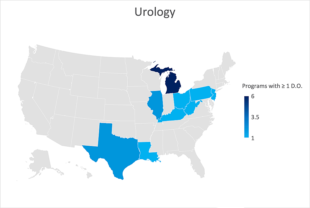 Geographic-heat-map-showing-the-relative-prevalence-of-urology-residency-programs-in-each-state-indicating-osteopathic-physicians-currently-training-in-their-program.-The-map-was-created-in-Microsoft-Excel-(Redmond,-Washington).