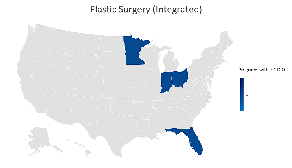 Geographic-heat-map-showing-the-relative-prevalence-of-integrated-plastic-surgery-residency-programs-in-each-state-indicating-osteopathic-physicians-currently-training-in-their-program.-The-map-was-created-in-Microsoft-Excel-(Redmond,-Washington).