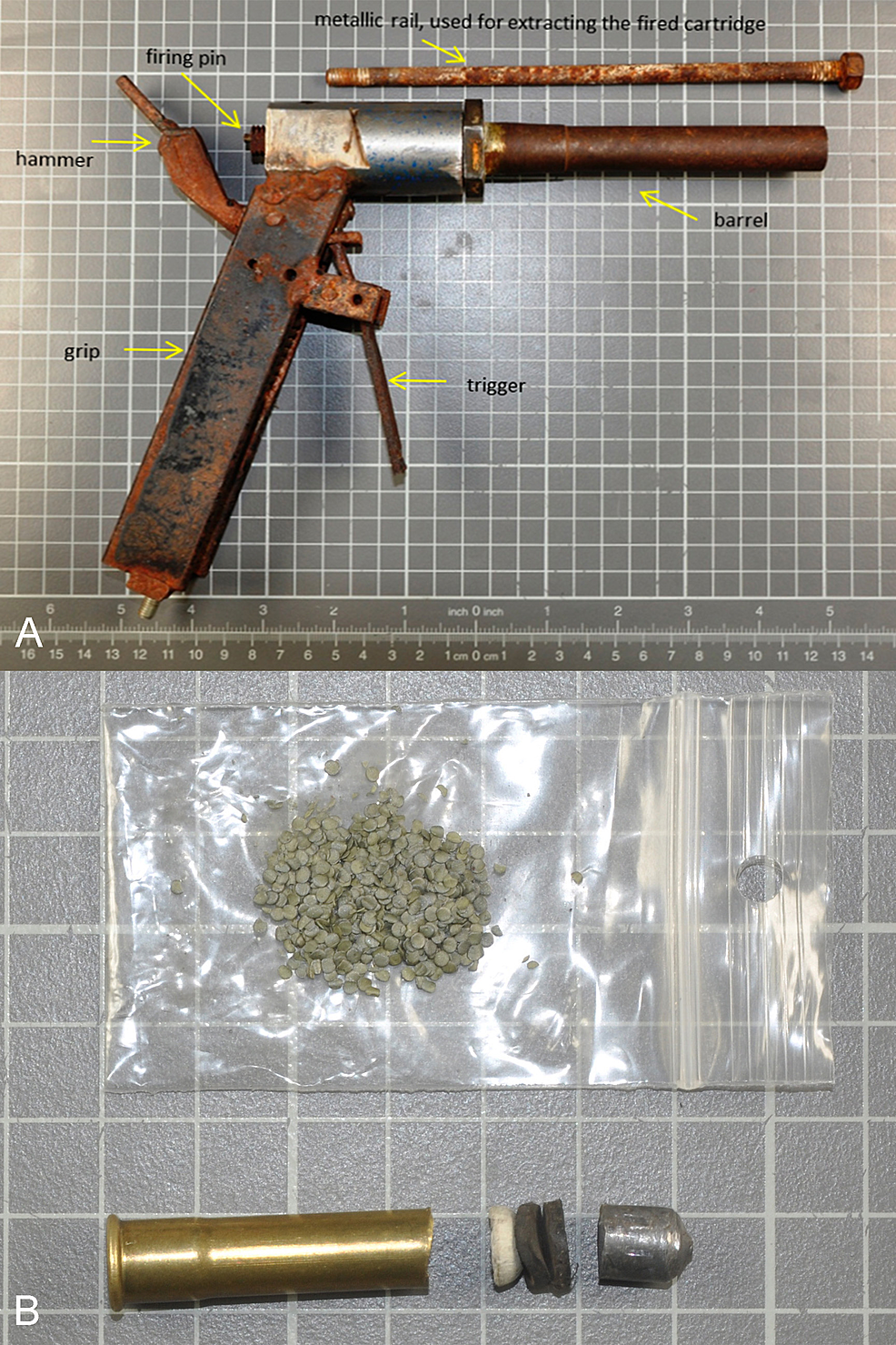 (A)-The-homemade-gun.-(B)-The-modified-9mm-Flobert-cartridge-recovered-at-the-scene-(disassembled).