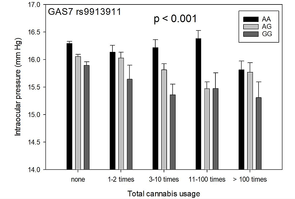 Total-cannabis-use-versus-intraocular-pressure,-mean-+-SEM,-and-genotypes-of-GAS7-SNP-rs9913911-in-37,046-subjects-(p<0.001,-univariate-ANOVA)