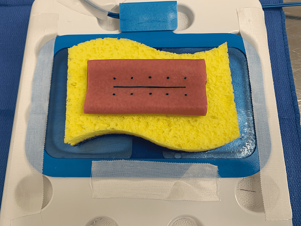 Inanimate-training-exercise-set-up-with-heavy-duty-cleaning-sponge-on-an-electrocautery-grounding-pad-secured-to-the-LifeLike-Biotissue-double-layered-bowel-model.
