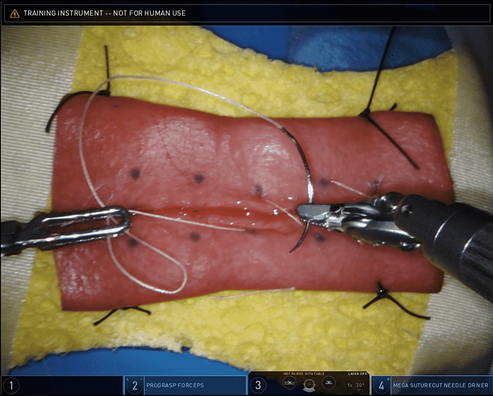 Image-of-trainee-performing-the-second-exercise:-Longitudinal-enterotomy-created-with-electrocautery-followed-by-running,-continuous-closure-using-3-0-Vicryl-suture.