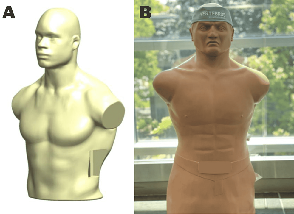 (A)-Computer-aided-design-rendering-of-synthetic-silicone-and-polymer-foam-torso-housing.-(B)-Silicone-and-polymer-foam-torso-shell-were-used-in-the-construction-of-the-lateral-access-training-model.