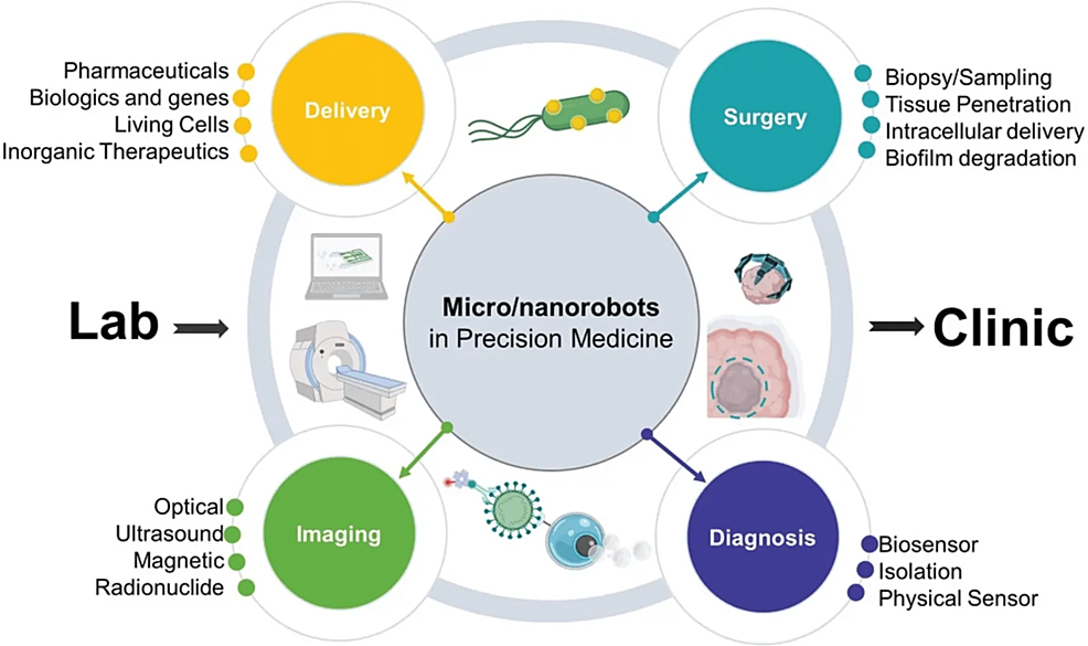 Schematic-diagram-of-the-current-trends-of-micro/nanorobotics-in-precision-medicine.