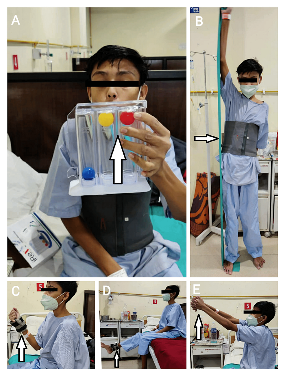 (A)-Postoperatively-in-the-surgery-ward,-the-patient-is-performing-incentive-spirometer-exercise,-strength-training-of-upper-and-lower-limbs-with-theraband-(B)-and-1-kg-weight-cuff-(C-and-D),-and-range-of-motion-exercise-(E)