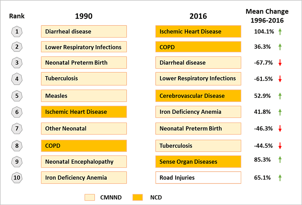 Top-10-causes-of-disease-burden-(DALYs)-in-India,-1990-vs.-2016