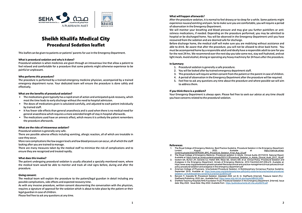 Sedacja proceduralna na oddziale ratunkowym w Zjednoczonych Emiratach Arabskich: zachęcanie do podejmowania świadomych decyzji za pośrednictwem ulotki informacyjnej dla pacjenta